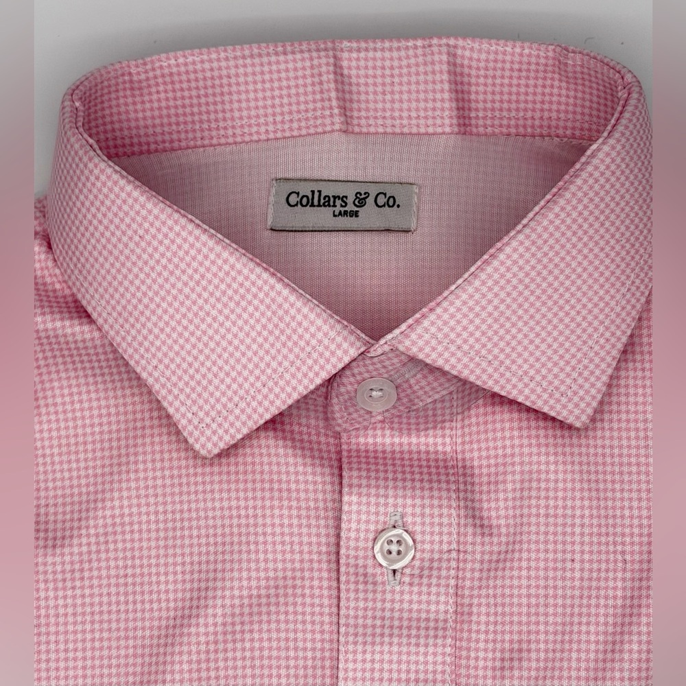 Collars & Co NWT Semi-Spread Collar Polo In Pink Houndstooth Print.  Size Large - Picture 16 of 16